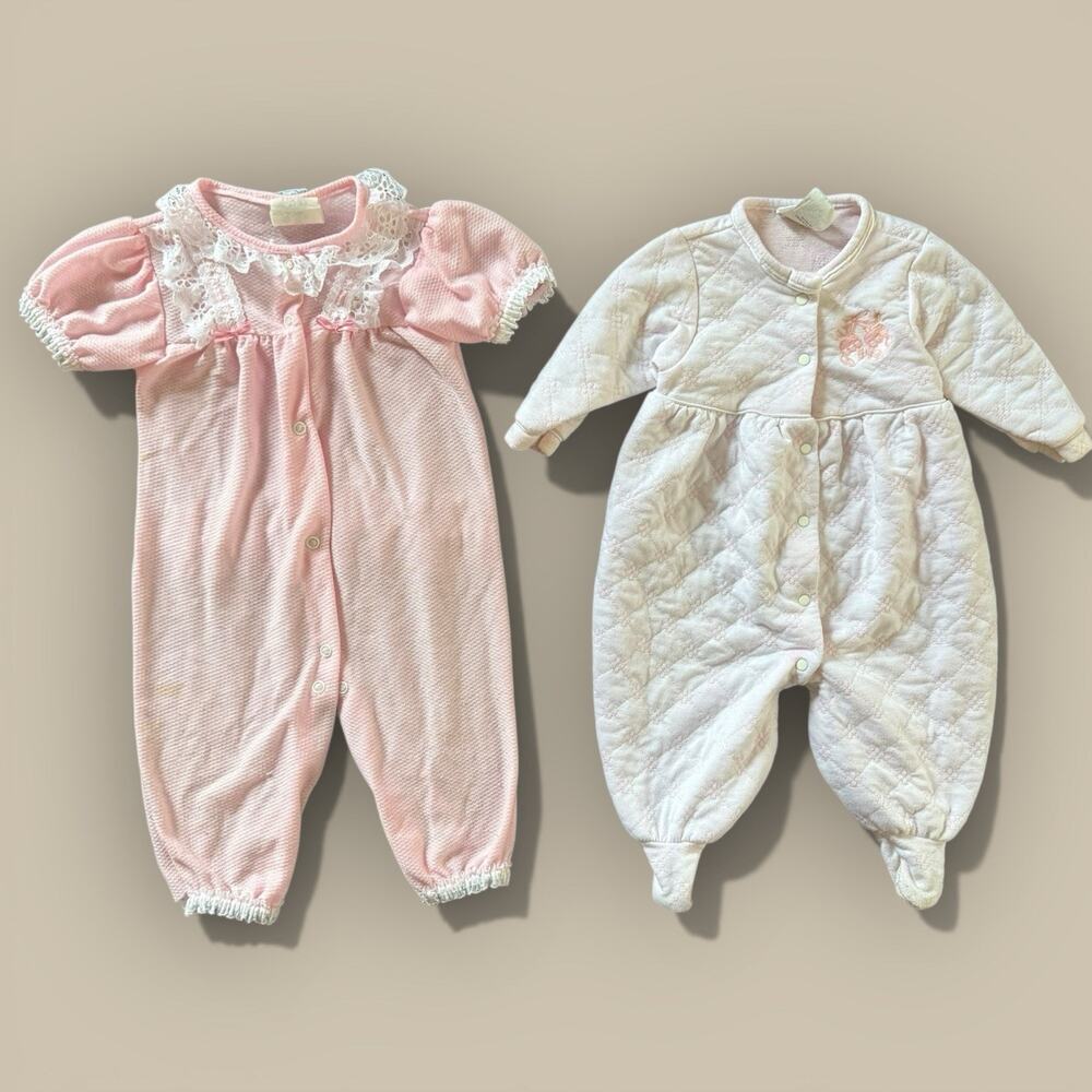 Vtg Baby Girl Pink Bubble Romper Embroidered Lot Lace Quilted 6-12 Month Carters
